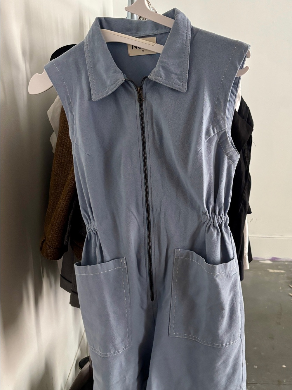 Noble Tank Jumpsuit - Sleeveless Light Blue Zippered with Patch Pockets